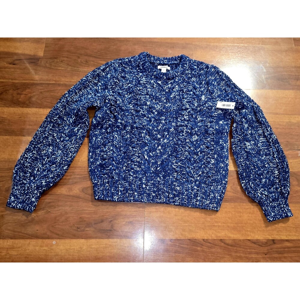 Speckled Boho Blue White Chunky Cable Knit Crew Neck Sweater Preppy Academia Y2K